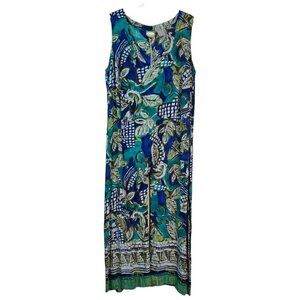 CM Shapes Womans Floral Jumpsuit Size 0X Rayon Hawaiian Sleeveless Blue Green